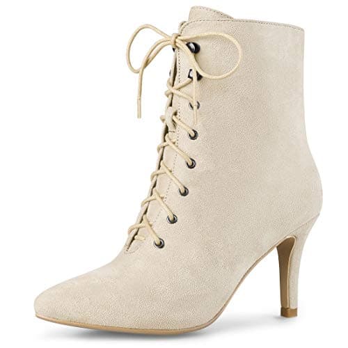 Image of Allegra K Women's Pointy Toe Zip Lace Up Stiletto Heel Ankle Boots Beige 7.5 UK/Label Size 9.5 US