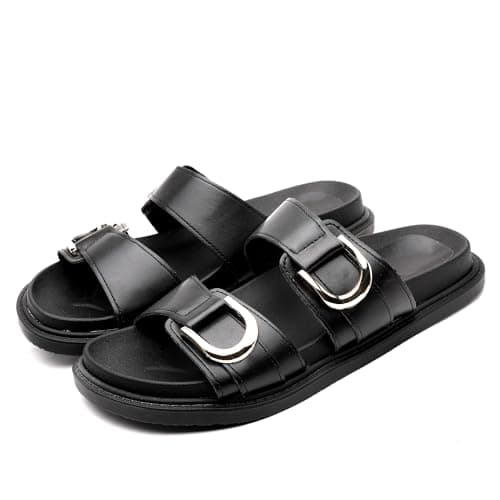 Image of LUNATECH Womens Flat Slide Sandals Summer Sandals Double Strap Adjustable Buckle Slip on Slides Shoes Flatform Walking Sandals (BLACK, Adult, Women, 6, Numeric, UK Footwear Size System, Medium)