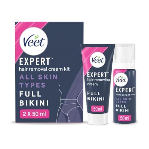 Image of Veet Expert Bikini Kit, 50ml Hair Removal Cream, 50ml Multi Benefit Foam, All Skin Types, For Full Pubic Area, Effective From 2 Mins, Works on Tougher Hair, 48 Hour Hydration