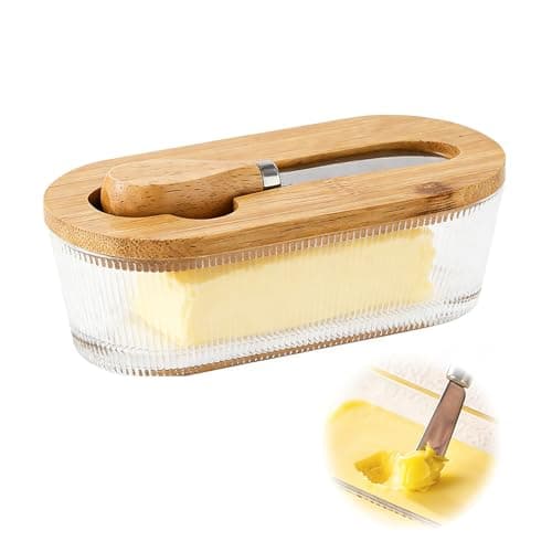 Image of Glass Butter Dish with Wooden Lid, Oval Butter Keeper with Spreader, Wood & Glass Butter Container with Cover for Kitchen, Dining, Cheese, Spread Butter (Striped)