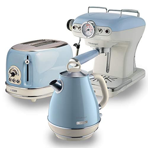 Image of Ariete ARPK6 Retro Style Jug Kettle, 2 Slice Toaster and Espresso Machine Set, Vintage Design, Blue
