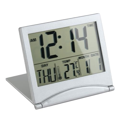 Image of Pennle Digital Travel Alarm Clock with LCD Display, Foldable Desk Top Clock with Day, Date, and Temperature Indication, Battery Operated Small Digital Alarm Clock for Travel and Home Use, Silver