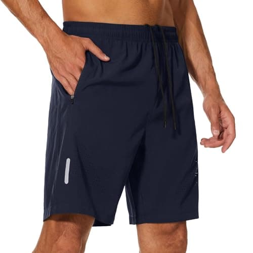 Image of YUTYTH Mens Gym Running Shorts Breathable Quick Dry 7" Gym Athletic Shorts with Zipper Pockets and Reflective Strip Navy