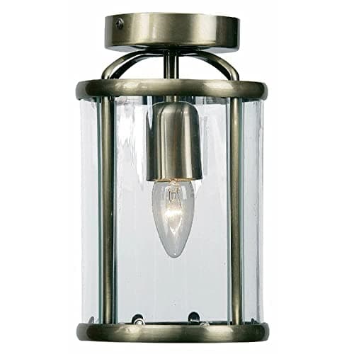 Image of Britalia Antique Brass & Clear Glass Panel Vintage Round Lantern Flush Ceiling Light | 16cm Diameter | 1 x ES E27 Lamp Required | UK Approved | Retro Semi Flush