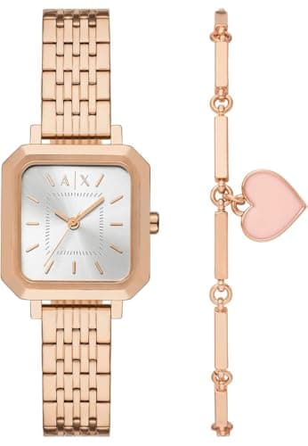 Image of Armani Exchange Watch for Women, Quartz Three Hand Movement and 27 mm Case Size with Stainless Steel Strap, Rose Gold Tone
