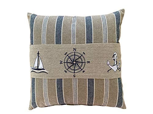 Image of Eight Owls Nautical Pillow Cover –– Cotton Decorative Embroidered Design – Natural, Navy Blue and White - Size 40cm X 40cm (16”x16”) (Sailing)