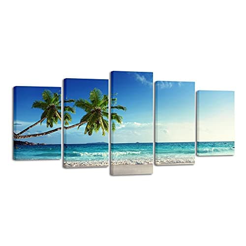 Image of Wieco Art - 5 Piece Modern Stretched and Framed Contemporary Landscape Giclee Canvas Prints Artwork Ocean Sea Beach Seascape Pictures Paintings on Canvas Wall Art for Home Decorations