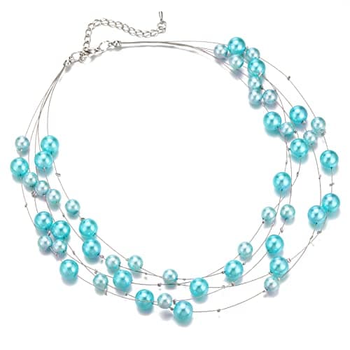 Image of FULU AUTUMN Layered Pearl Necklace Beaded Silver Choker Handmade Boho Statement Costume Necklaces Fashion Jewellery Gifts for Women(Turquoise)