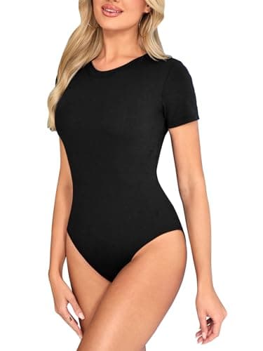 Image of Kefiyis Bodysuit Short Sleeves Bodysuits for Women UK Crew Neck Body Suits Casual Slimming Stretch Leotard Tops with Snap Closure Thong Black S