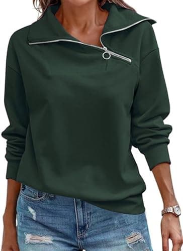 Image of Cuptacc Women's Sweatshirts V Neck Long Sleeve Tunic Tops Casual Solid Color Half Zip Sweatshirt Women Autumn Dark Green, Medium M 12-14