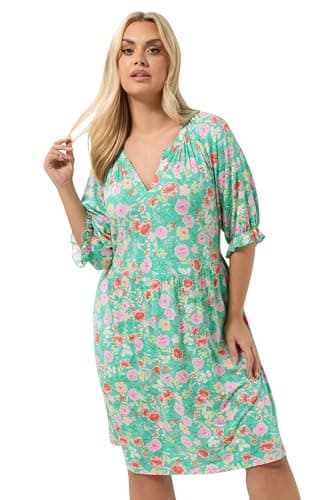 Image of Yours Curve Green Floral Notch Neck Dress - Women's - Plus Size Curve