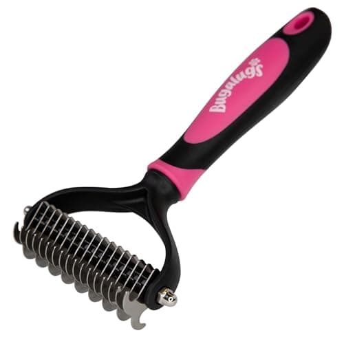 Image of BUGALUGS Pet Grooming Brush - Double Sided Shedding and Dematting Undercoat Rake, Dog Grooming Brush, Dog Shedding Brush, Cat Grooming Brush, Dog Comb, Cat Brush for Long Haired Cats