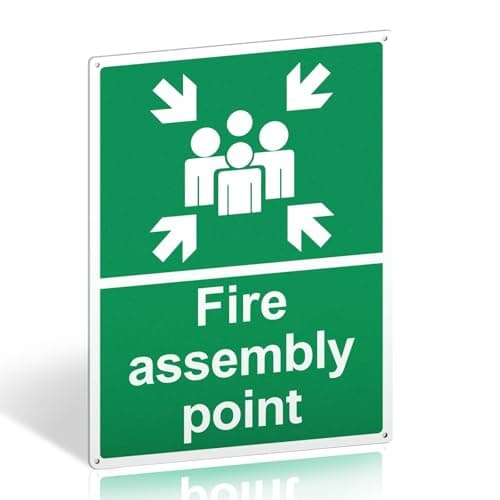 Image of Fire Assembly Point Sign Outdoor - 400 x 300mm - 1mm Rigid Plastic Fire Safety Signs with 4 Pre-Drilled Holes and Self-adhesive Backing - Ideal Safety Fire Assembly Point