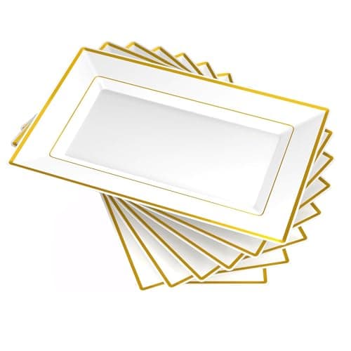Image of Gikisla Elegant Plastic Serving Platters, 6 Pcs Large Plastic Serving Trays, Rectangle Reusable White&Gold Dinner Plates Set for Parties Snack Food Dessert Sandwiches Cheese Crackers