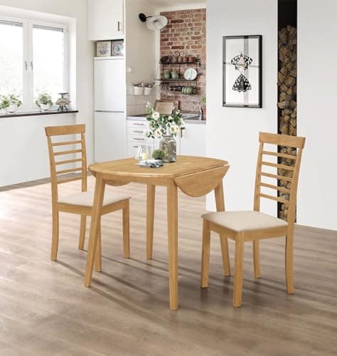 Image of Hallowood Furniture Ledbury Small Drop Leaf Dining Table and Chairs Set 2, Round Space Saving Table and 2 Chairs with Cream Fabric Padded Seat, Wooden Dining Set in Oak Finish