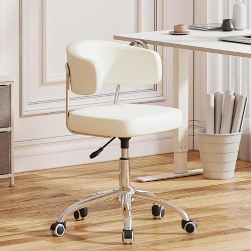 Image of Outwin Modern White Armless Swivel Desk Chair, Home/Office, Adjustable Height, 76 to 91 cm, 120 kg Capacity, Faux Leather Seat, Steel Frame, Hard Floor, Carpet