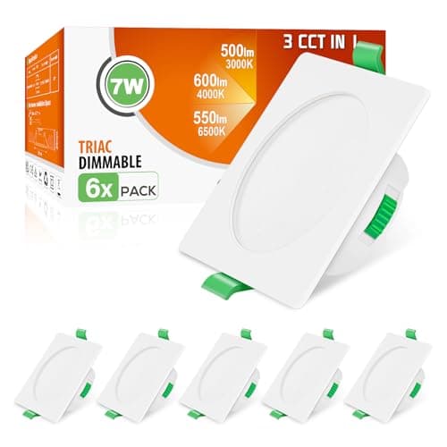 Image of ALUSSO Square LED Downlights Dimmable 7W IP44 Slim Recessed Ceiling Lights, 3CCT 3000K Warm 4000K Neutral 6500K Cool Adjustable Bathroom Spotlights, White, 6 Pack