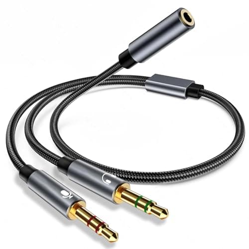 Image of Headphone Mic Splitter 2 Way, 3.5mm Jack Audio Splitter Mic Braided Adapter 3.5mm Female to 2 Dual 3.5mm Male Aux Cable for Gaming Headset, Earphone, Speaker, Desktop, Laptop, PS5 PS4 Controller
