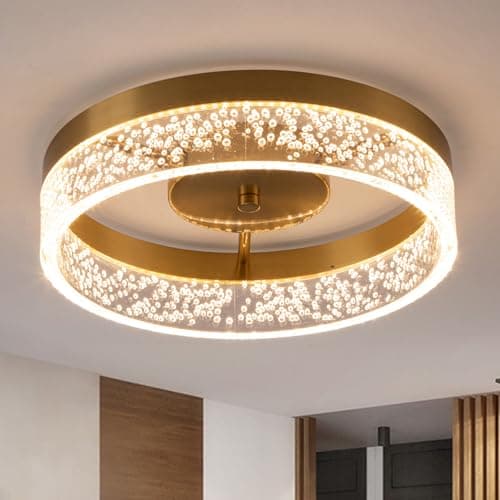 Image of Qcyuui LED Ceiling Light, 20W Flush Mount Kitchen Lighting Gold with Clear Seeded Acrylic Lampshade,Round Ceiling Lamp Lights for Hallway Dining Room