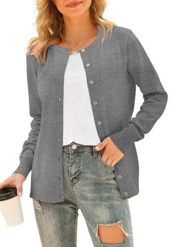 Image of YUNDAI Womens Cardigans Long Sleeve Open Front Knitted Ladies Cardigan Button Round Neck Sweater for Women UK Lightweight Solid Color Jumpers, Medium Light Grey