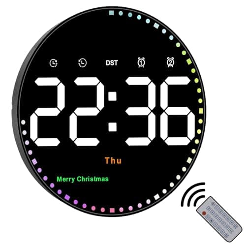 Image of ALEENFOON 10" Large Colorful Light Digital Round Wall Clock with Remote Control, Digital Clock with 2 Alarms/Temperature/Date/Time/Festival/Adjustable Brightness/Countdown for Home, Gym, Office