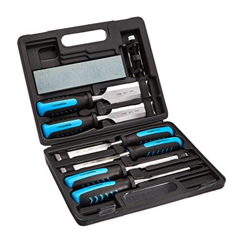 Image of Amazon Basics 8-Piece Woodworking Wood Chisel Set for Carving with Honing Guide, Sharpening Stone and Storage Case, 1/4" - 1-1/2"