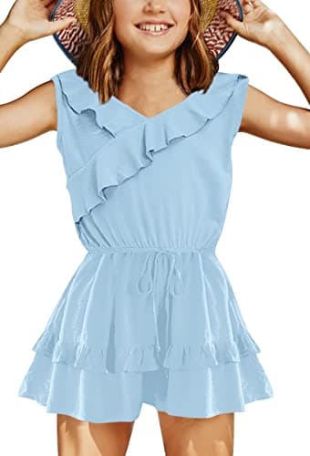 Image of Haloumoning Girls' Jumpsuit Ruffle Hem Loose Fit Sleeveless Romper Kids Summer Casual Shorts with Pockets Jumpsuit, blue, 8-10 Years