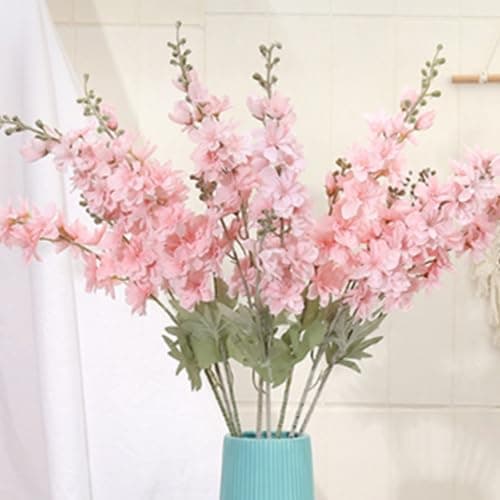 Image of OUKEYI 33.5in 6pcs Fake Flowers Delphinium Artificial Flowers Silk Flowers Larkspur Artificial Flowers Long Stem Flowers for Tall Vase Home Wedding Party Decor (Pink)