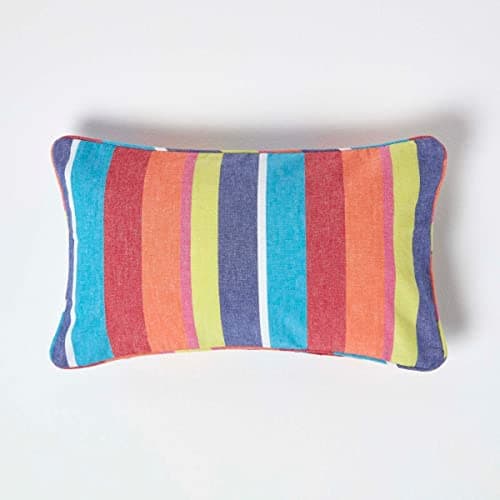 Image of HOMESCAPES - 100% Cotton - Multi Stripes Cushion Cover - 30 x 50 cm Rectangular - 12 x 20 Inches - Orange Yellow Blue - 100% Cotton Sofa Pillow Cushion Cover - Washable