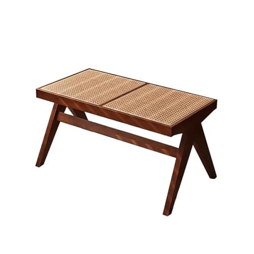Image of Modern Rattan Entryway BenchEasy to Assemble Indoor Wooden Dining Table Seat Light Walnut Finish Stylish Storage Solution for Hallway & Living Room.