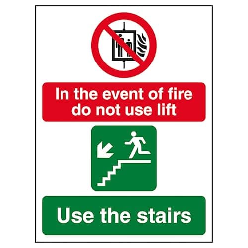 Image of V Safety In The Event Of Fire Do Not Use Lift/Use The Stairs Left 150 x 200mm - 1mm Rigid Plastic Safety Sign