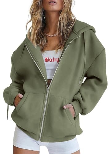 Image of Jhsnjnr Zip Up Hoodie Women with Pockets Oversized Fleece Sweatshirt Fashion Long Sleeve Full Zipper Plain Hooded Jacket
