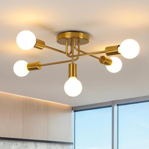 Image of DELIPOP Gold Ceiling Lights, 5 Lights Vintage Ceiling Lamp with E27 Base, Semi-Flush Fitting Modern Sputnik Chandelier Lighting for Living Room Kitchen Bedroom Dining Room Office