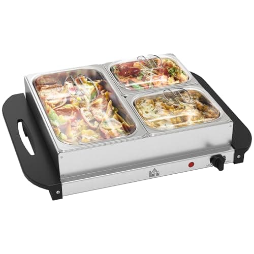 Image of HOMCOM 3 Tray Electric Food Warmer Buffet Server with Warming Plate, Cool Touch Handles, Adjustable Temperature, 300W, 1 x 2.5L and 2 x 1L Pans