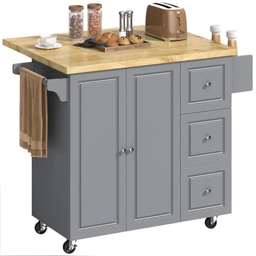 Image of HOMCOM Kitchen Island on Wheels, Wooden Rolling Kitchen Storage Trolley with Drop Leaf, Rubber Wood Top, Drawers, Adjustable Shelf, Towel and Spice Rack for Dining Room, Grey