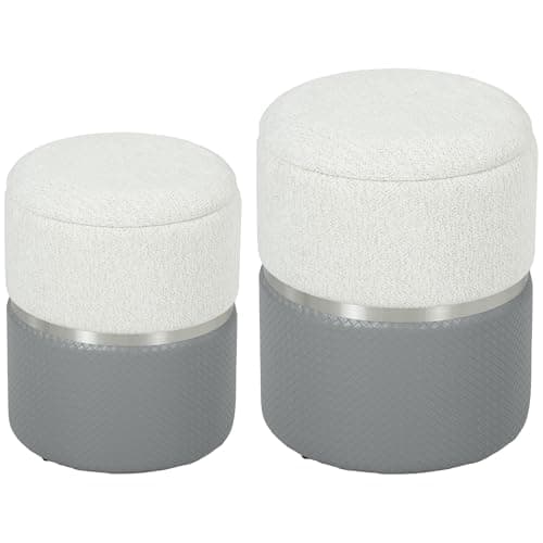 Image of HOMCOM Set of 2 Round Ottoman with Storage, Nesting Storage Ottoman, Chenille & PU Leather Vanity Stool for Makeup, Footrest Stool with Removable Lid for Bedroom Living Room, Cream and Grey