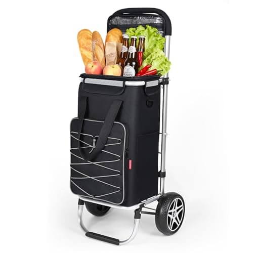 Image of YEAUPE PRO Shopping Trolley on Wheels with Insulated Compartment,3-in-1 Large Capacity 50L Shopping Cart with Removable Bag,Max. 25 kg Load Capacity,Includes Side Pockets & Bottle Opener,Black/Grey