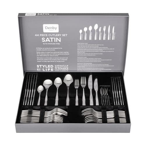 Image of Denby - Satin 44 Piece Stainless Steel Cutlery Set for 6 People - Dishwasher Safe Tableware Kitchen Service – Flatware Set with Fork, Table Knife, Dessert Spoon & Teaspoon, Silver