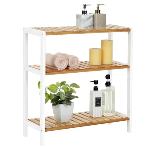 Image of SONGMICS Bamboo Storage Shelf, 3-Tier Shelving Unit, Multifunctional, in the Hallway, Bathroom, Living Room, Balcony, Kitchen, 26 x 60 x 66 cm, White and Natural BCB33WN
