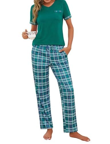 Image of Jahetuul Women's Pyjamas Set Cotton Pjs for Ladies Loungewear Sets Short Sleeve V-Neck Top & Checked Pants with Pockets Drawstring S-3XL Green