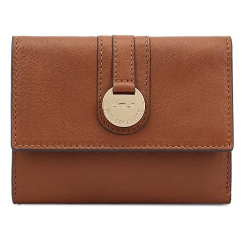 Image of Paul Costelloe Genuine Leather Women's Purse Featuring a Flap Closure and a Gold-Finish Embossed Logo Hardware disc, RFID-Blocking with a Zip Coin Pocket | Lawa (Caramel Cafe)
