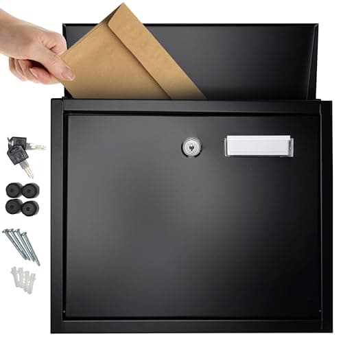 Image of FURNISHED Wall Mounted Letter Box - Large Mail Outdoor Post Box Weather Resistant Postbox for Outside Wall Galvanized Steel Lockable Letterbox Top Loading Mailbox with Cylinder Lock, Black