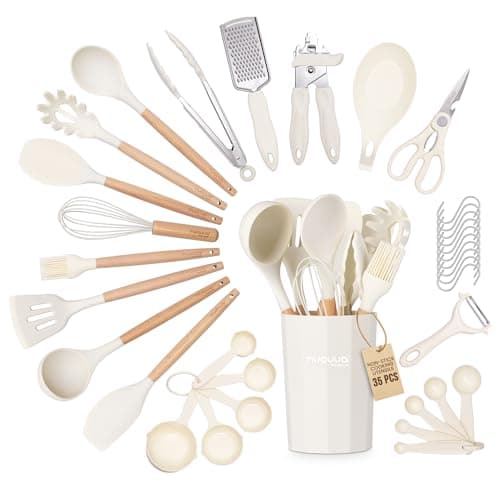 Image of Kitchen Non Stick Cooking Utensils Set – Heat Resistant Silicone Utensils with Wooden Handle – Ladles, Spoons and Spatulas Set – Kitchen Tools & Accessories – 35pcs, Cream – by Nuovva