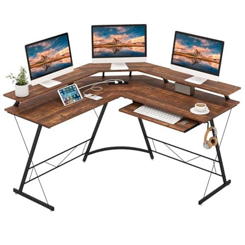 Image of COSTWAY L-Shaped Computer Desk, 132CM Large Corner Desk Writing Study Table with Monitor Stand, Power Outlet, Keyboard Tray & Headphone Hook, PC Laptop Gaming Workstation (Rustic Brown)
