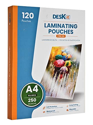 Image of Deskit Extra-Strong Laminating Pouches, A4 Gloss, 250 Microns, 120 per Pack. Create Clear and Durable Presentations - Extra-Strong for Long-Lasting Documents