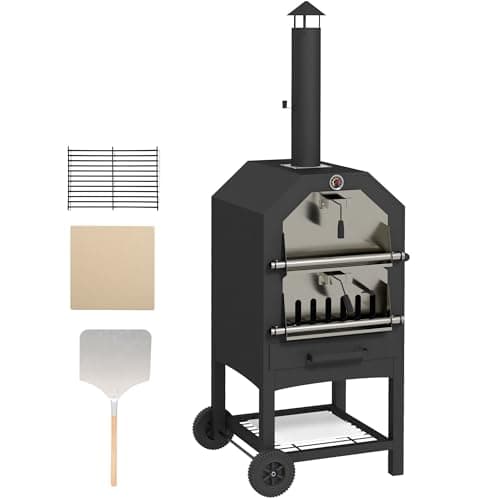 Image of Outsunny 2-in-1 Outdoor Pizza Oven 3-Tier Freestanding Charcoal BBQ Grill with Rain Cover, Chimney, Thermometer, Bottom Shelf, Anti-scald Handles, Wheels for Garden Party Gathering