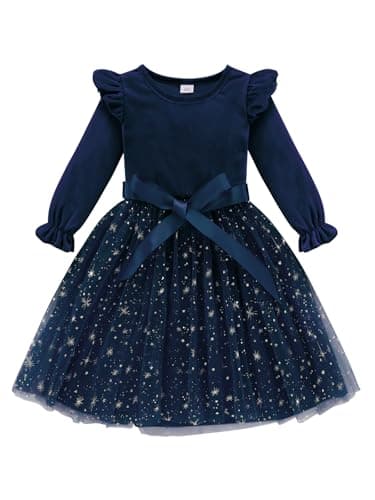 Image of Naiyafly Toddler Girls Dress Velvet Ruffle Long Sleeve Kids Sparkle Sequins Tulle Tutu Christmas Dress Holiday Festive Wedding Party Birthday Fall Winter Princess Dress Outfit 2-7 Years Blue
