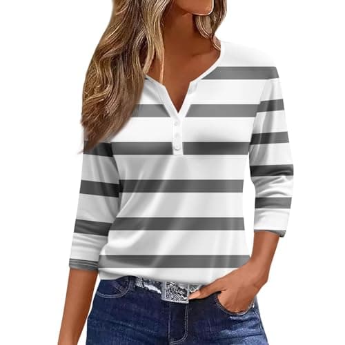 Image of Stylish V-Neck Blouse for Women Cotton Stripe 3/4 Sleeve T-Shirt Top（01-Gray，L）