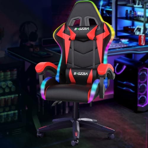 Image of bigzzia RGB Gaming Chair with LED Lights and Ergonomic Computer Chair Reclining PU Leather High Back Video Game Chair (Black and red, With RGB Lights)
