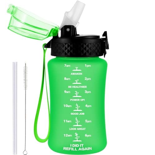 Image of GOPPUS 350ml/12oz Kids Water Bottle With Straw Tritan Drinks Bottle with Strap Small Toddler Juice Bottles with Flip Top Lid Leakproof Children's Cup with Time Marking BPA free Girl Boy (Grass Green)
